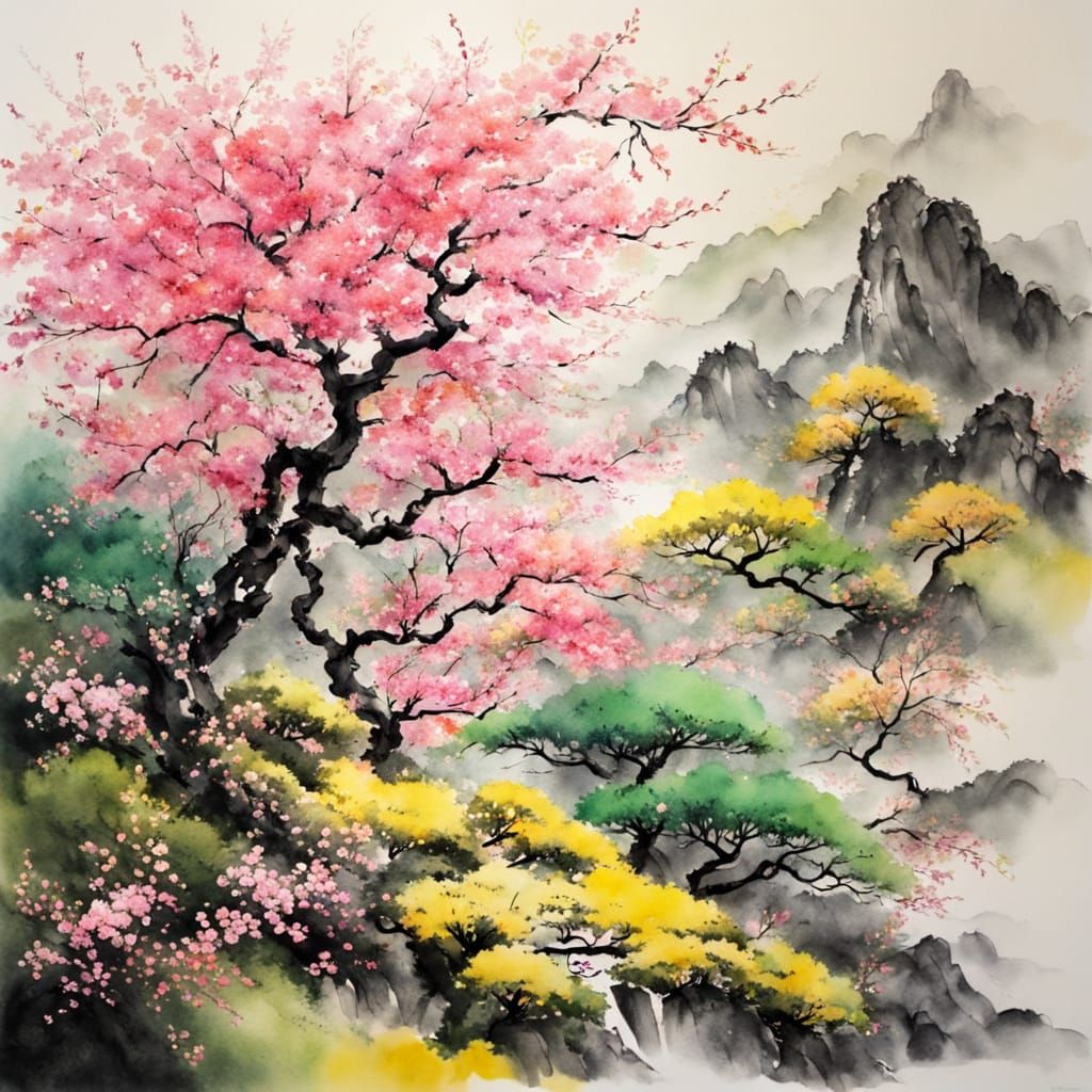Magical Sakura Springscape in Vibrant Chinese Ink