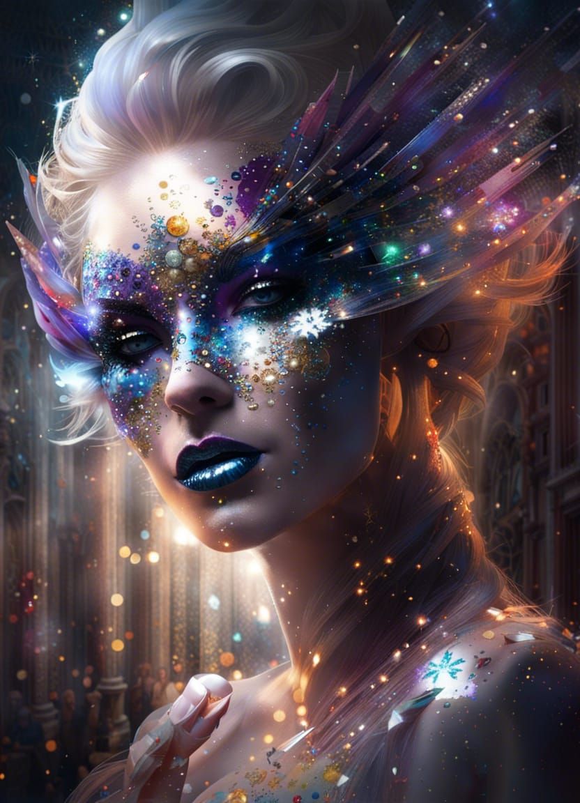 Woman in a glitter eye mask and an eruption of glitter surrounding her dream made as crystal sparkling face soft lightin...