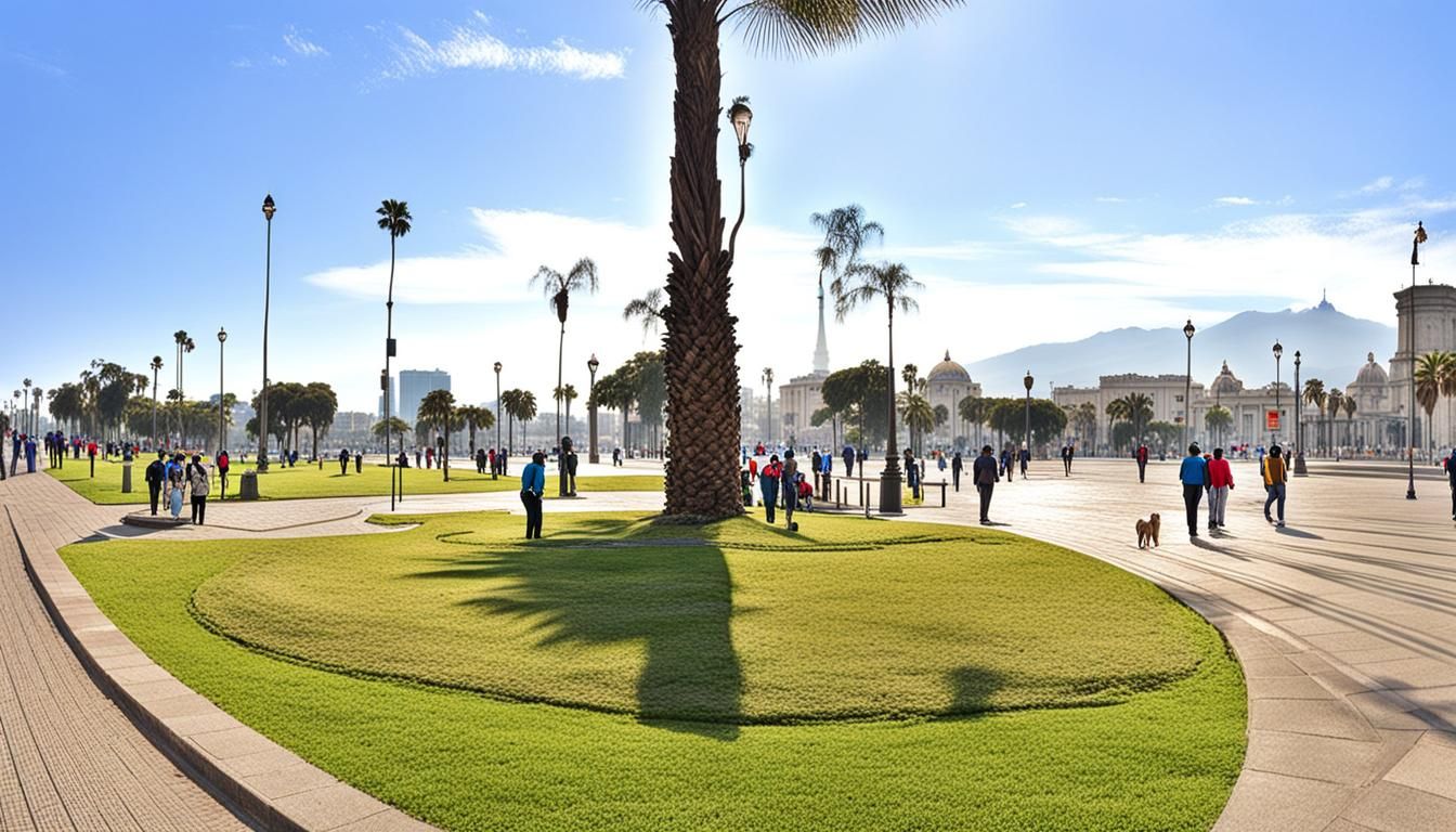 Peruvian City Park with Fountains and People