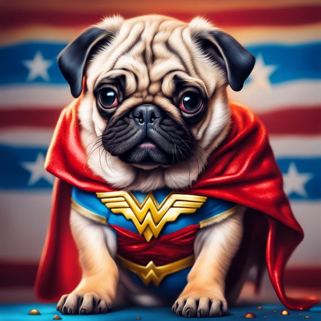 Wonder Woman Pug Puppy in Hyperrealistic Style