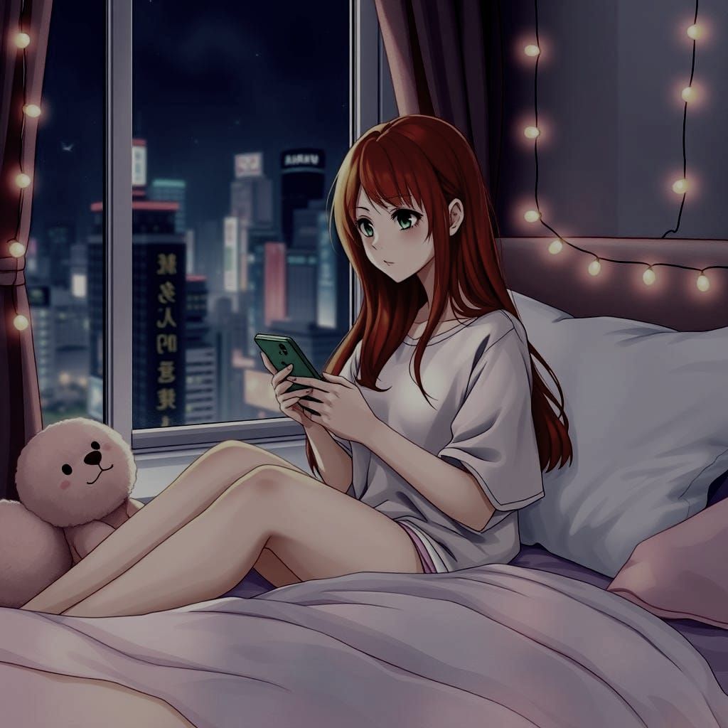 Dreamy Watercolor: Japanese Woman in Tokyo Bedroom