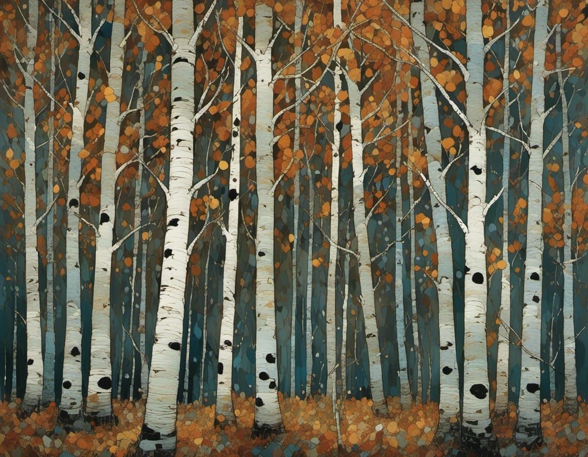 Autumnal Birch Trees in Entangled, Intricate Style