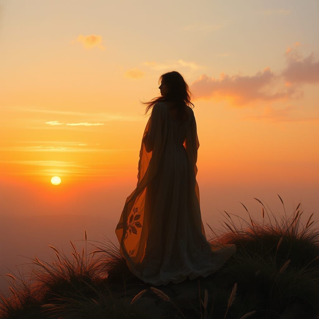 Ethereal Woman Gazing Out at Sunset in Dreamy, Impressionist...