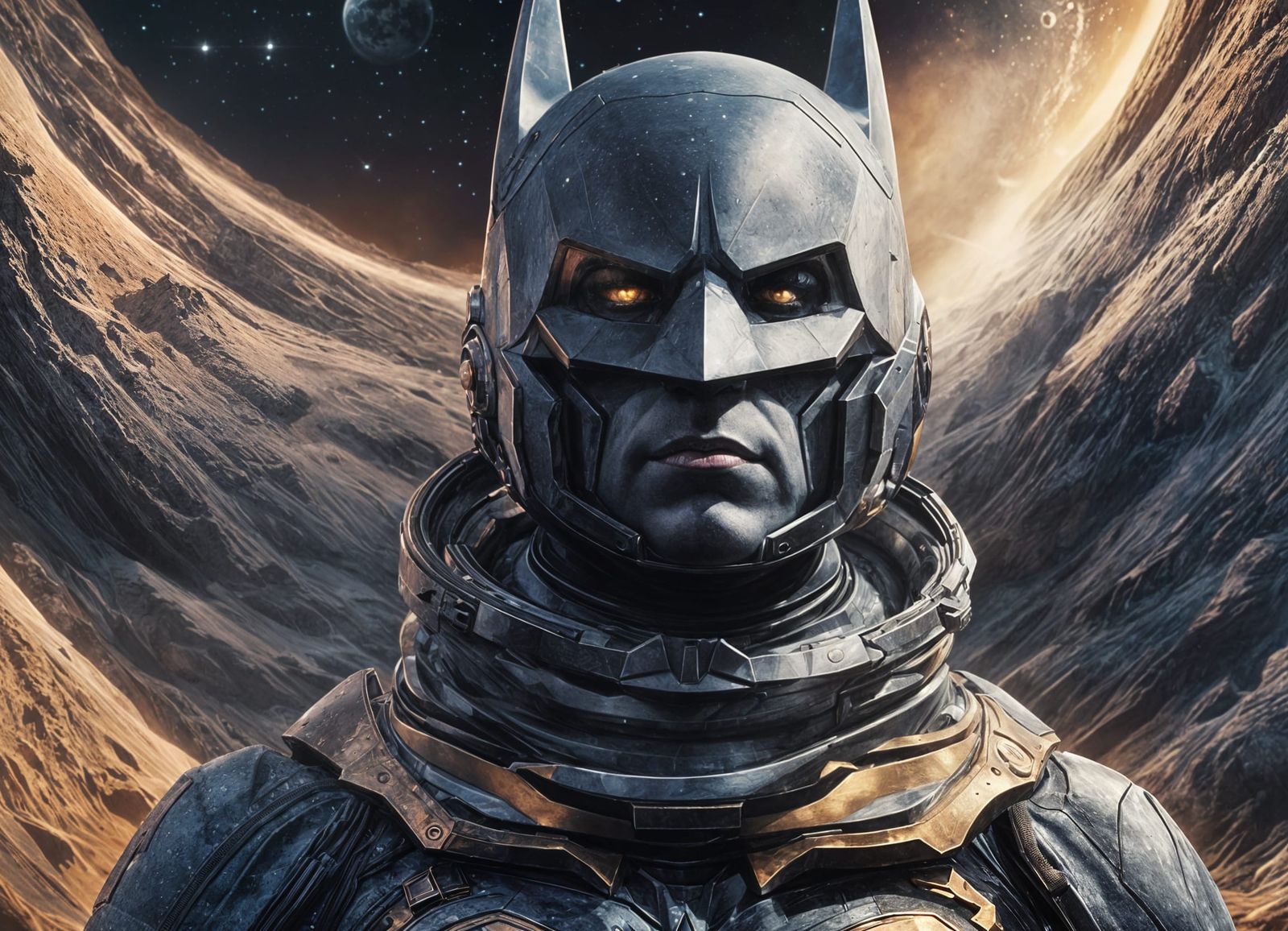 Batman in Spacesuit on Lunar Landscape