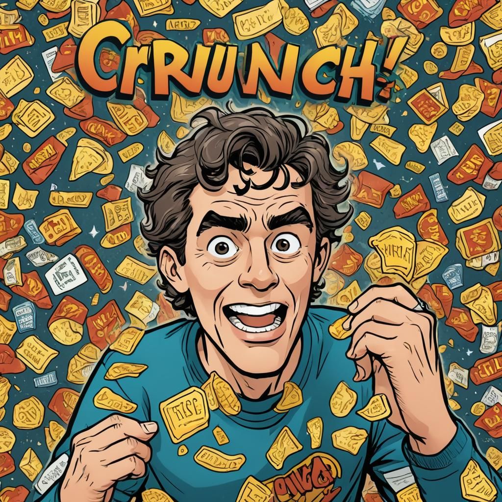 Cartoon Man Enjoys Potato Chip with Comic Crunch
