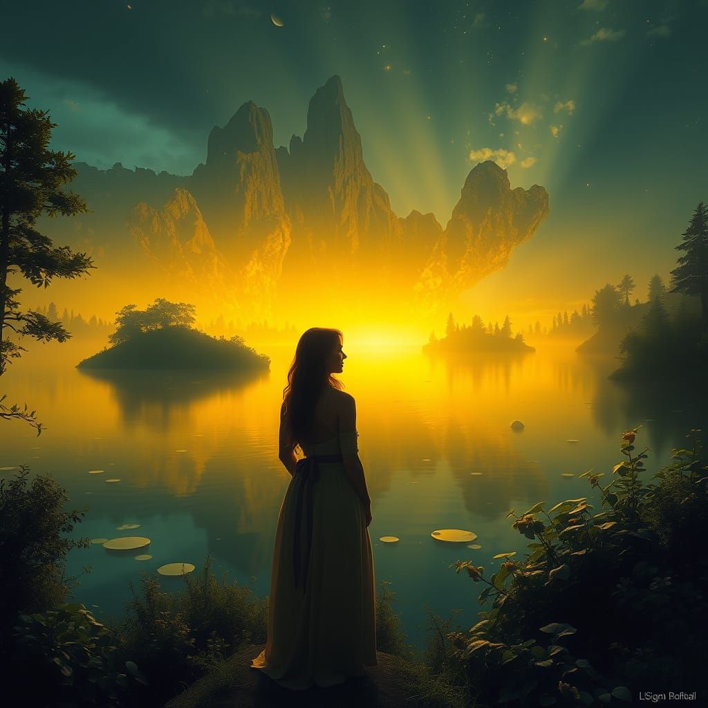Ethereal Woman by a Luminous Golden Lake