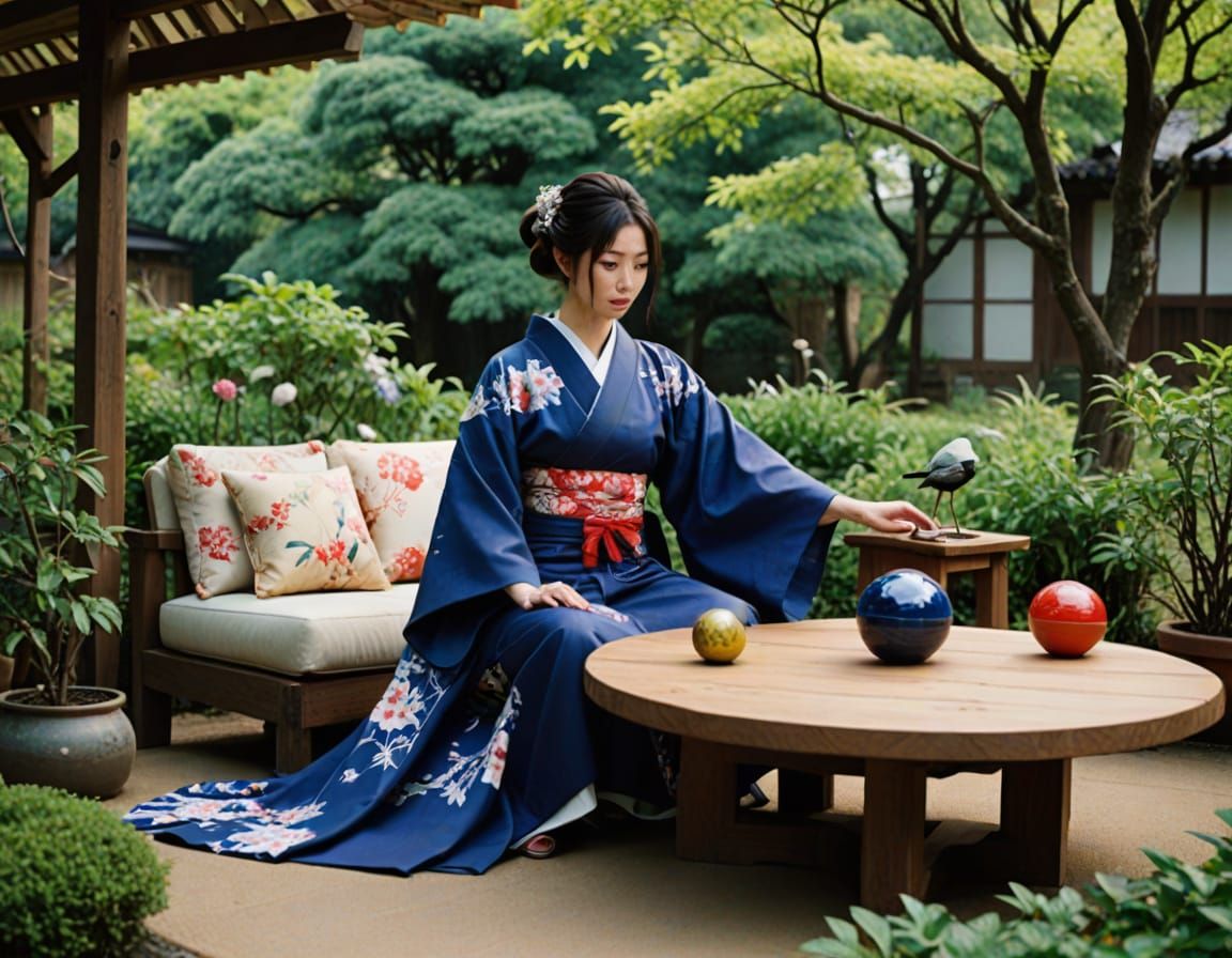 Japanese Garden Scene with Kimono Girl and Indigo Ball