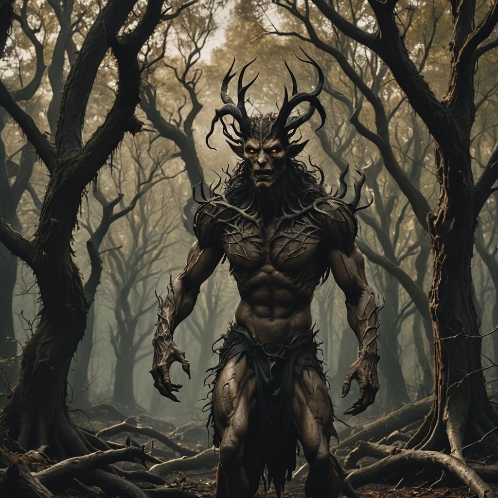 Incubus in Shadowy Forest with Golden Eyes