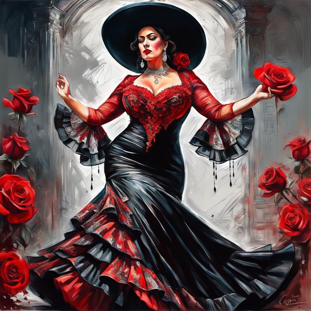 Flamenco Dancer in Red Dress with Roses