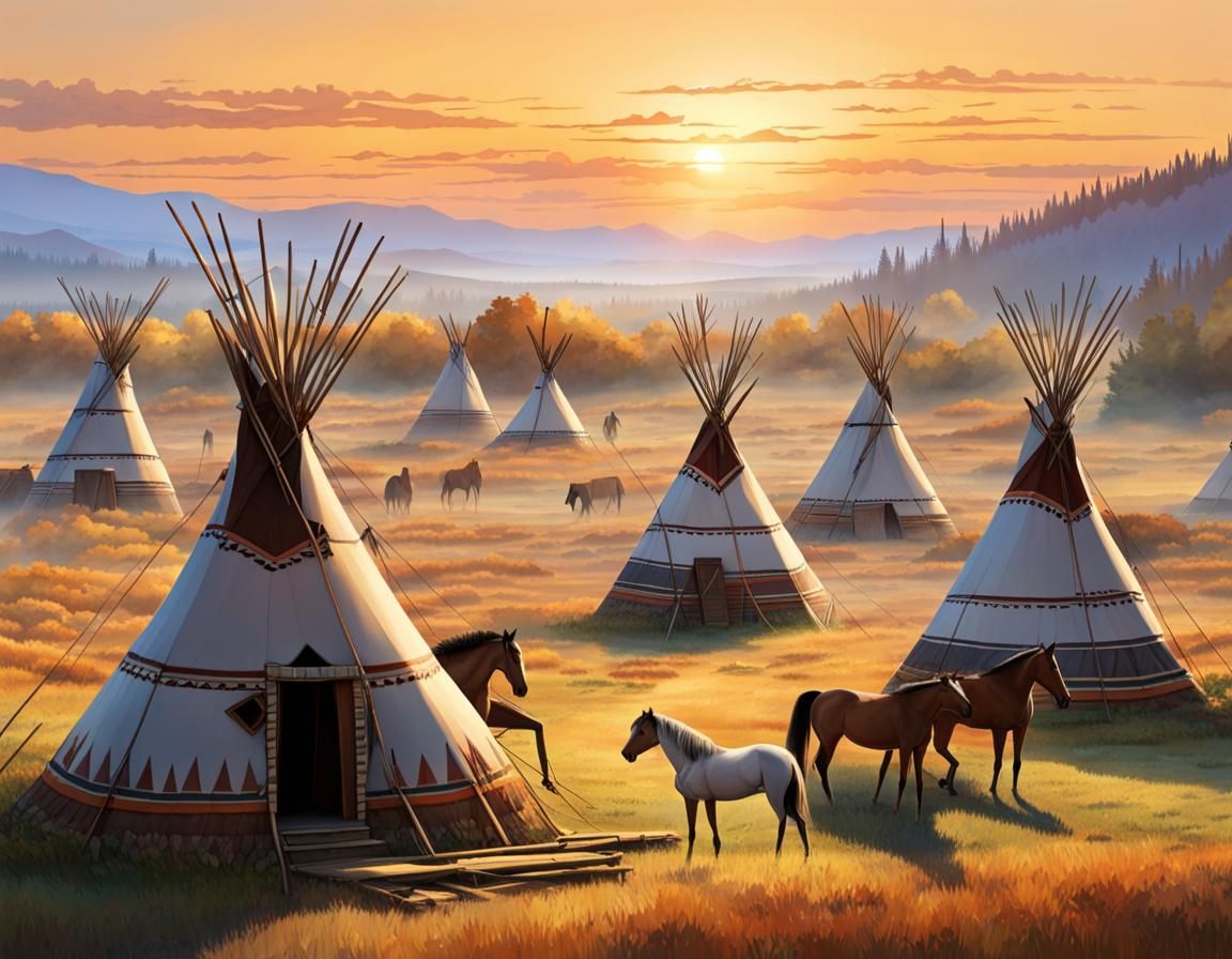 Native American Village on the Prairie at Sunrise