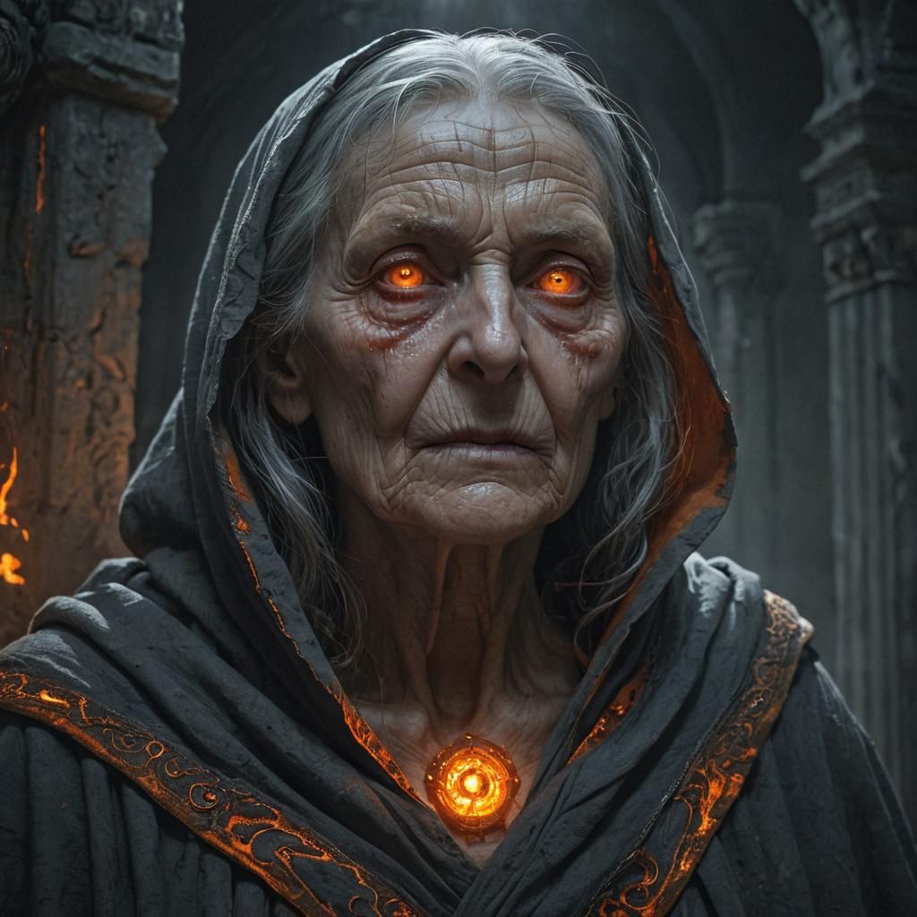 Elderly Woman Summons Magic in Dark Fantasy Style