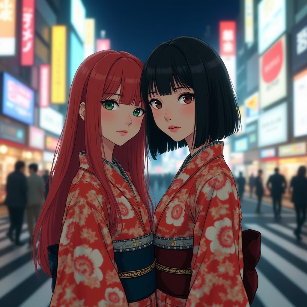 Women in Kimonos at Shibuya Crossing