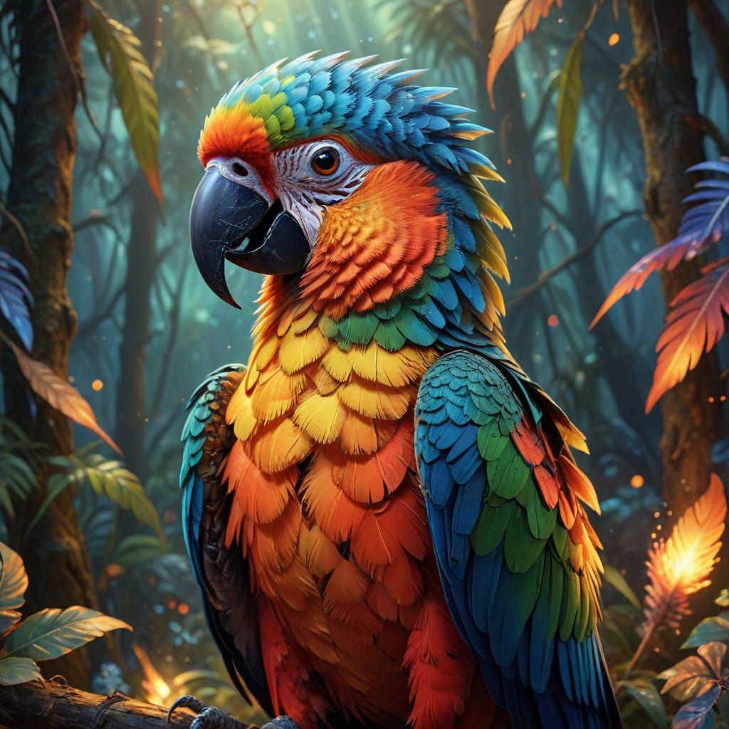 Mystical Parrot Illuminates Twilight Forest: Fantasy Art