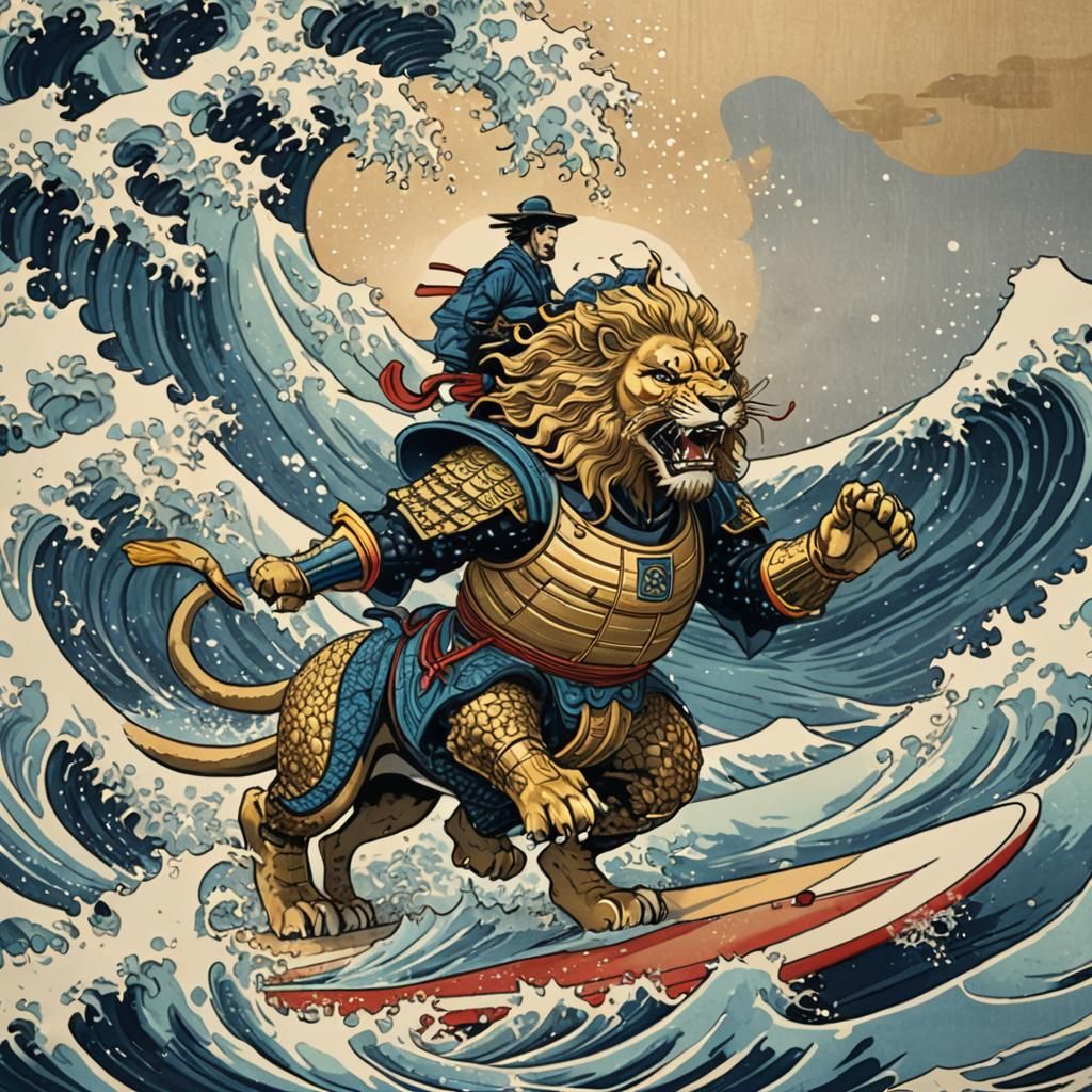 Lion Surfing Great Wave in Ukiyo-e Style