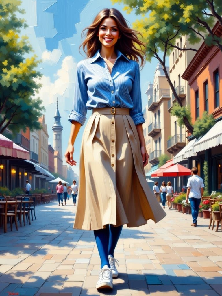 Elegant Woman in Maritime City, Oil Painting Style