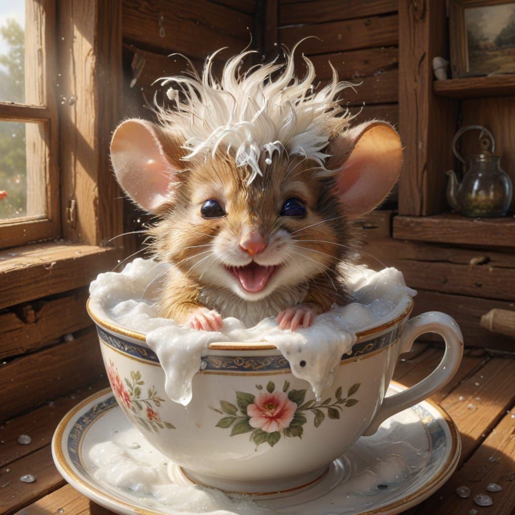 Tiny Grumpy Mouse Wakes Up in Teacup Bath