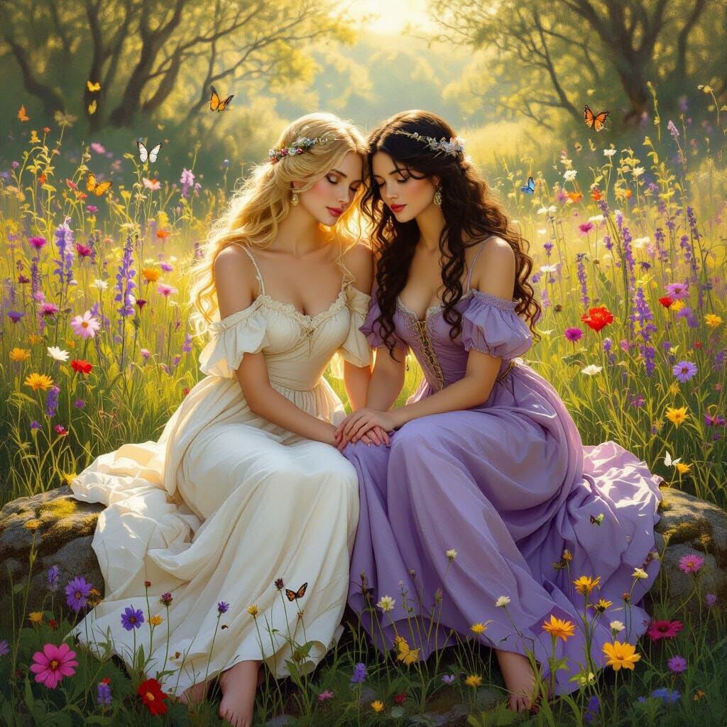 Women in Meadow, Pre-Raphaelite Painting Style