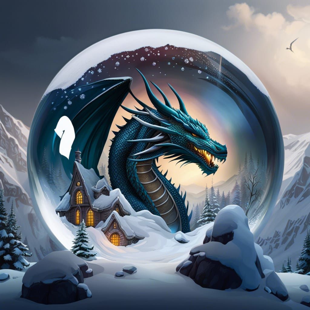 Dragon in Snowy Glass Ball: Fantasy Concept Art