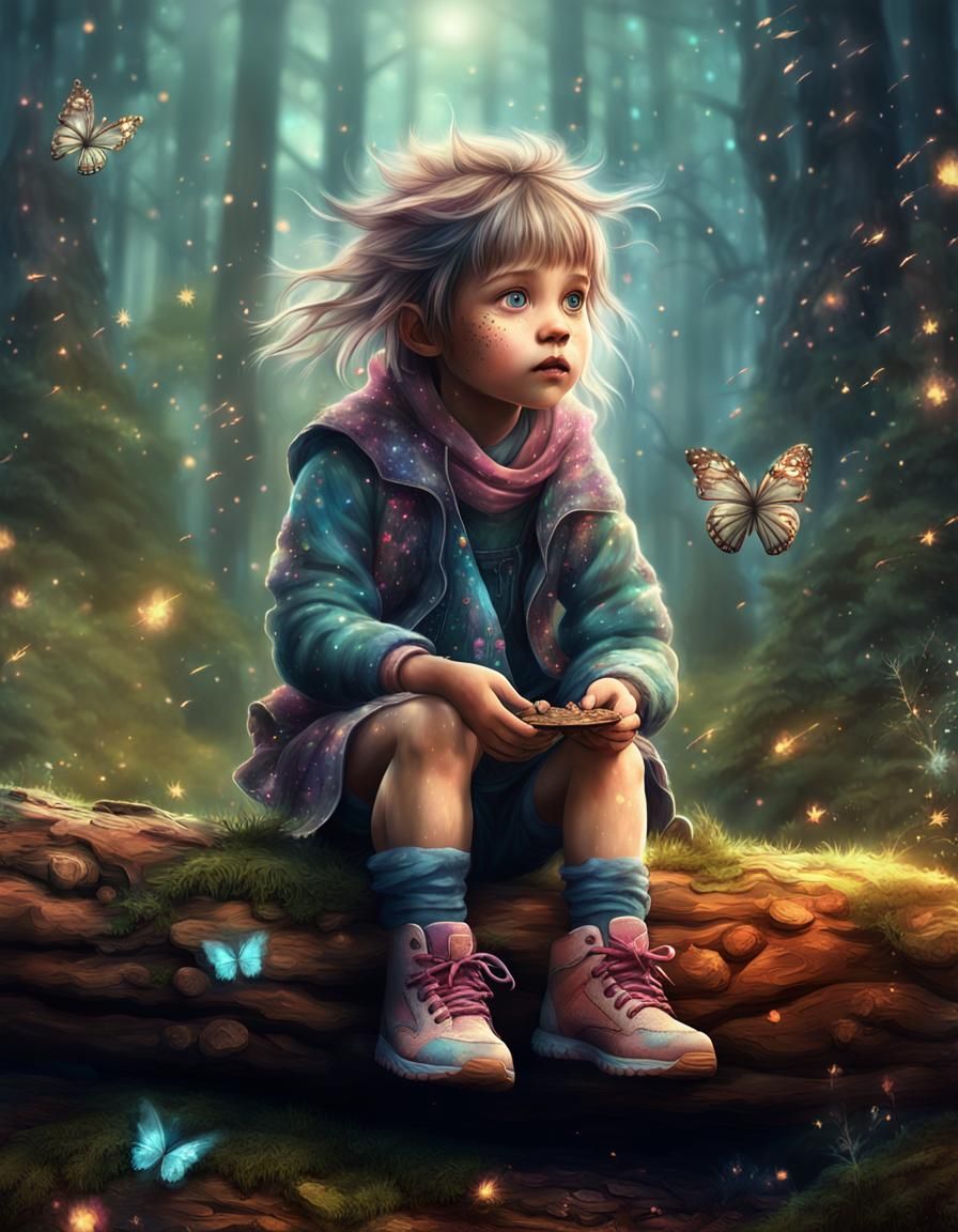 Whimsical Little Girl in Magical Forest, Digital Art