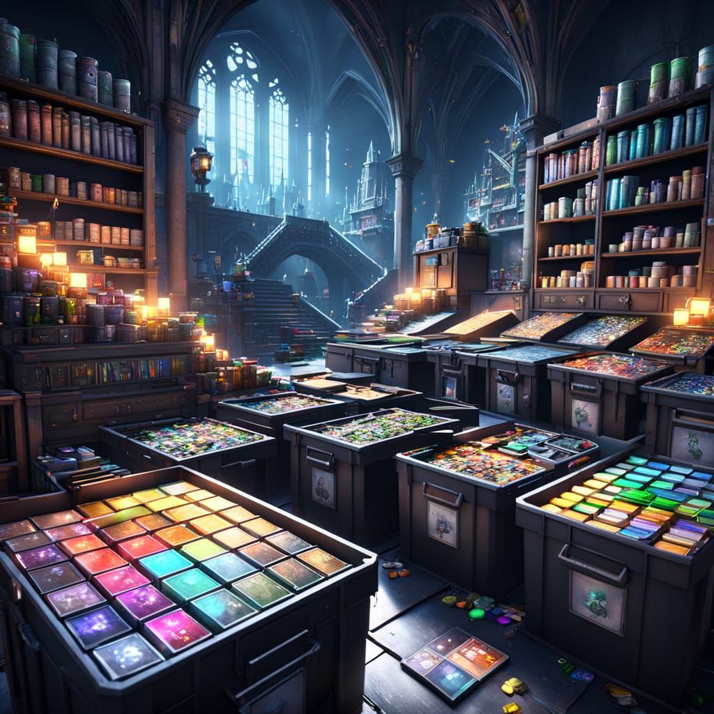 enchanted art supplies being sorted and put away into bins