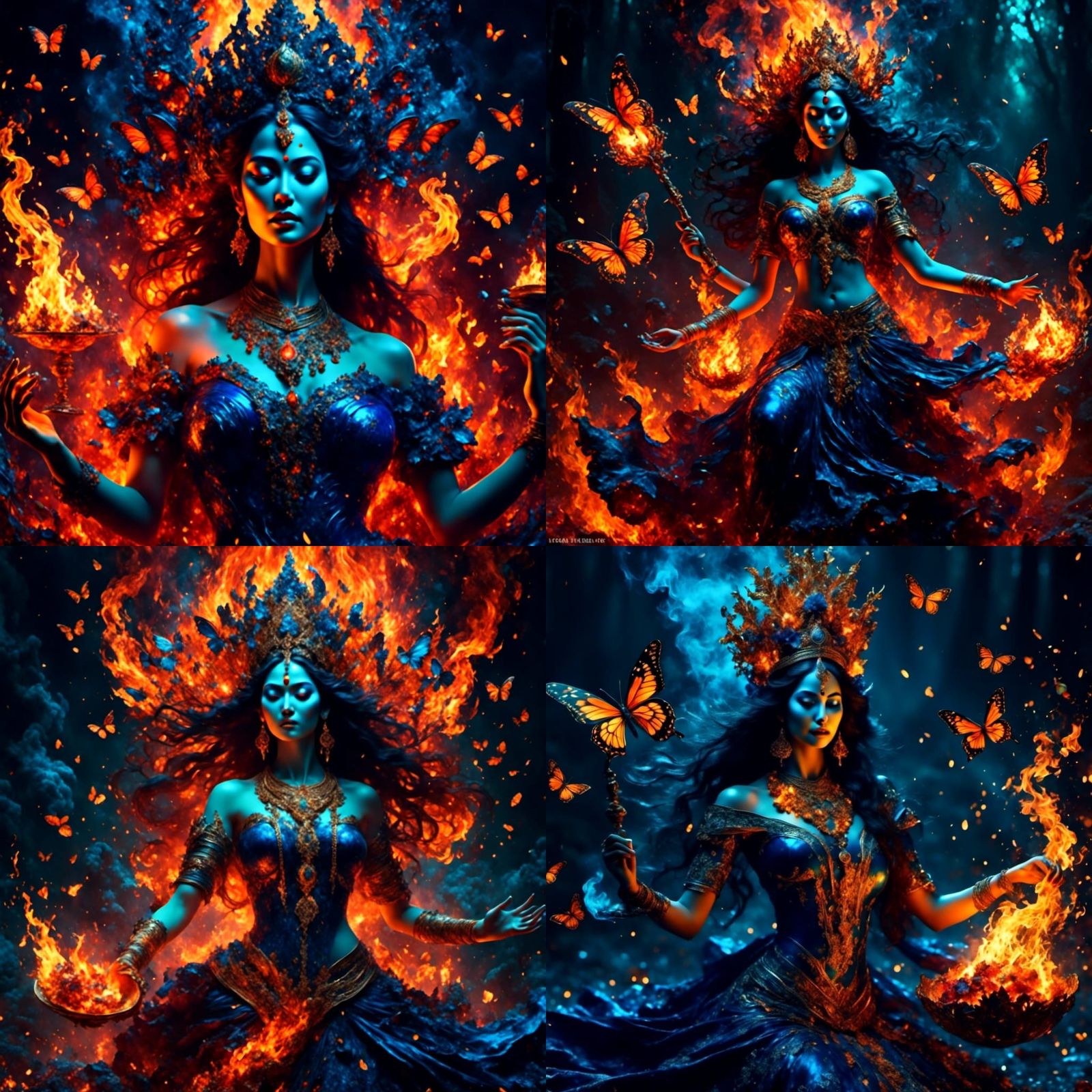 (Fierce Hindu blue Goddess kali wielding fire that turns into fiery swirling butterflies on fire)( attacking shiva) <lo...