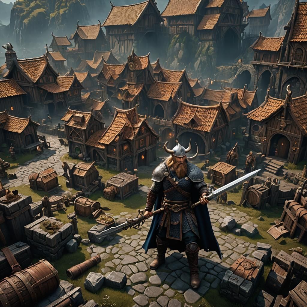 Viking Warrior with Weapons in Detailed Matte Painting