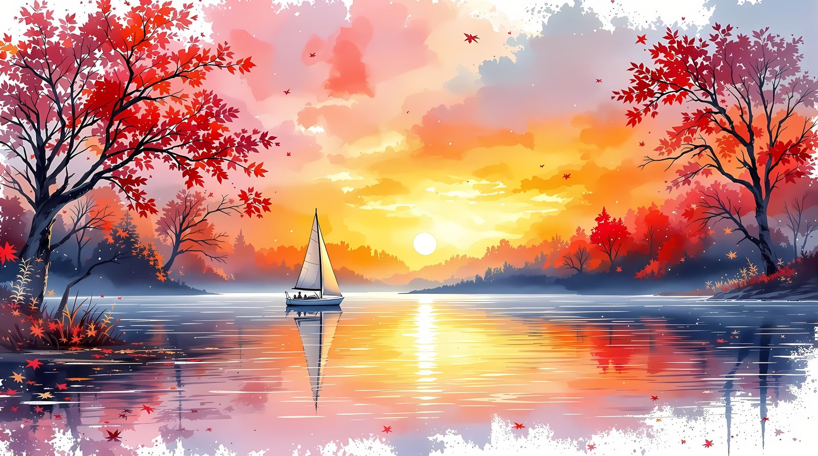 Autumn Sunset Watercolor with Frosty Touch