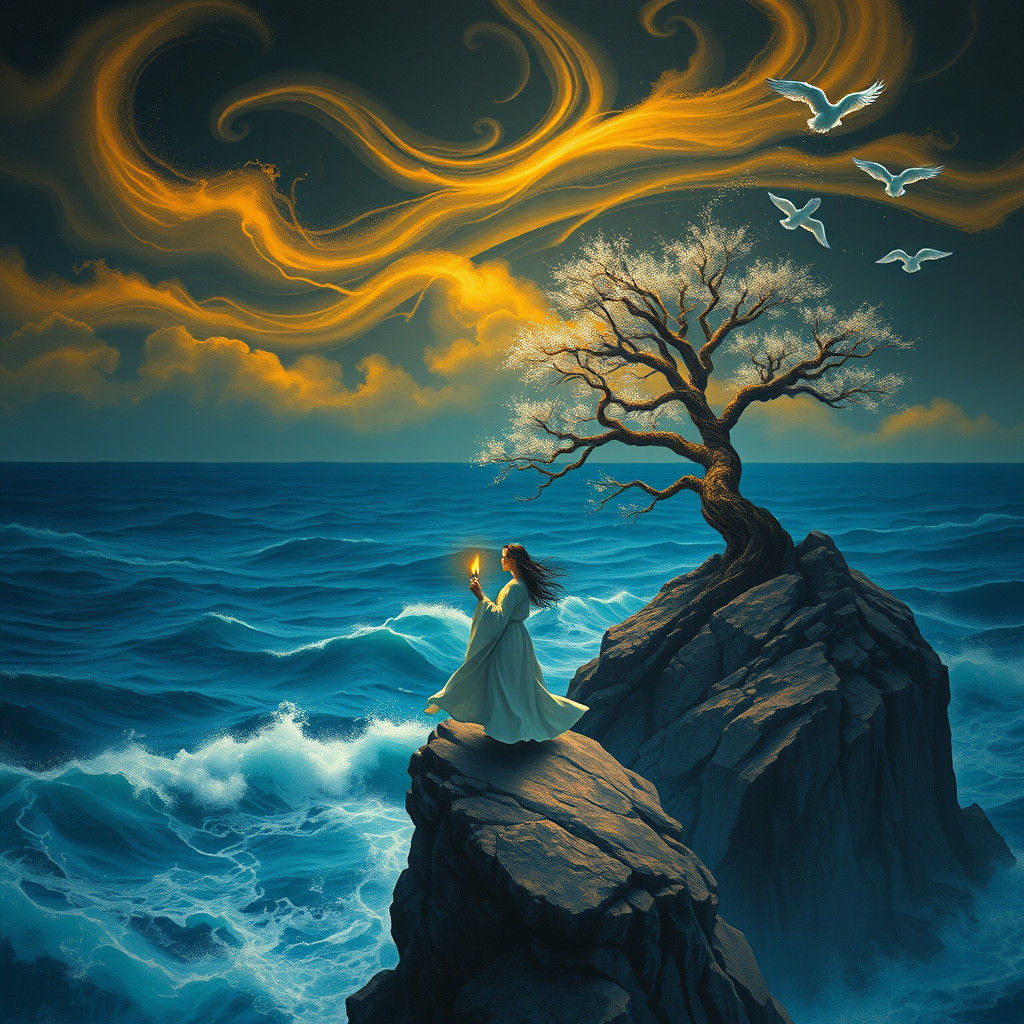 Contemplative Figure Above Turbulent Ocean