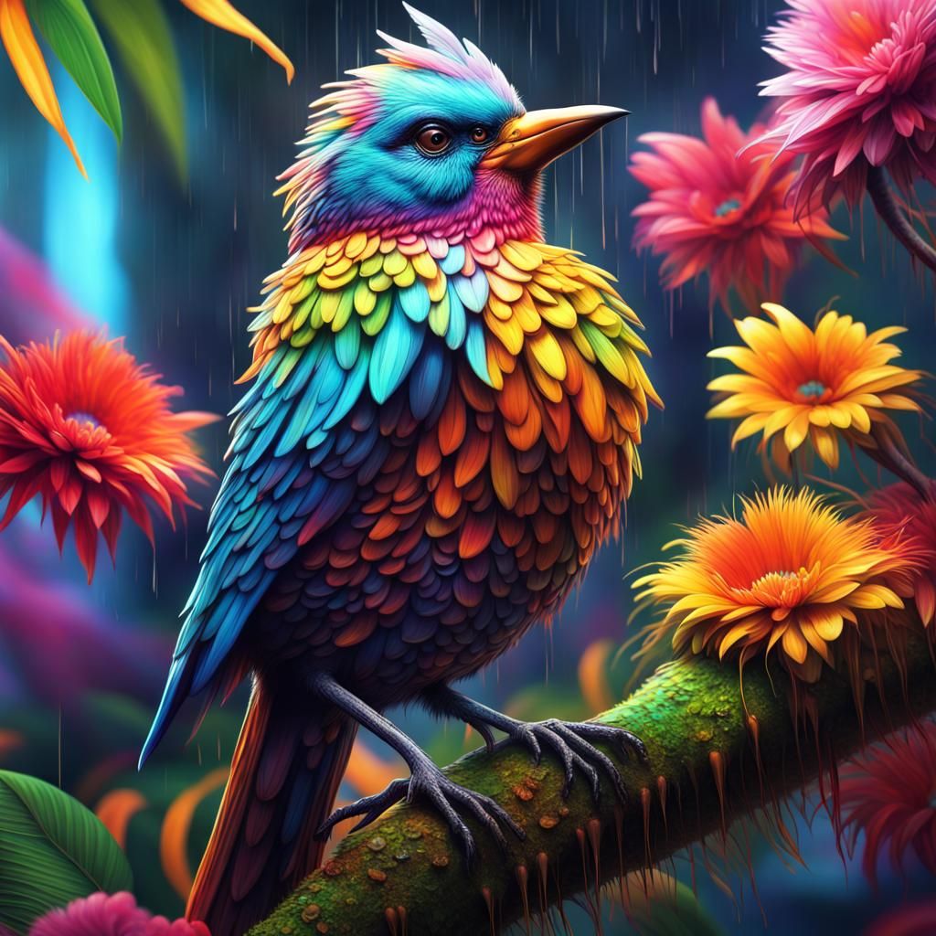 Iridescent Bird in Rainforest: Hyperrealistic Splash Art