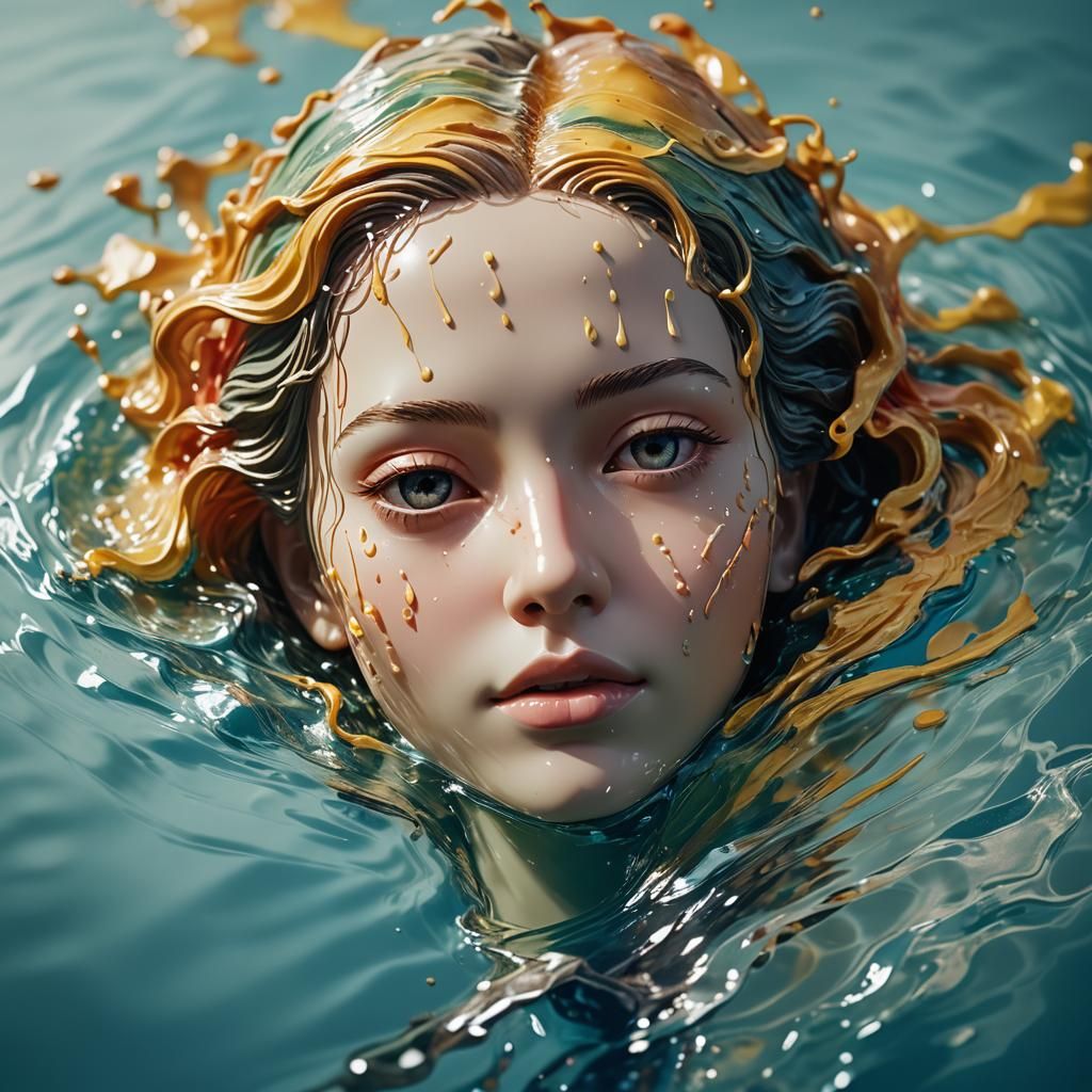 Serene Wax Face Sculpture on Rippling Water