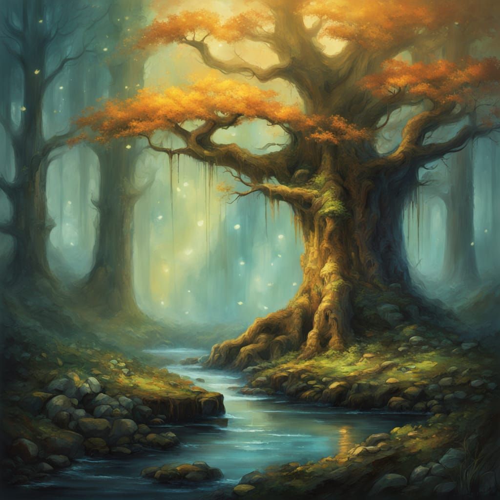 Enchanted Forest Tree with Ancient Ruins and Ethereal Glow