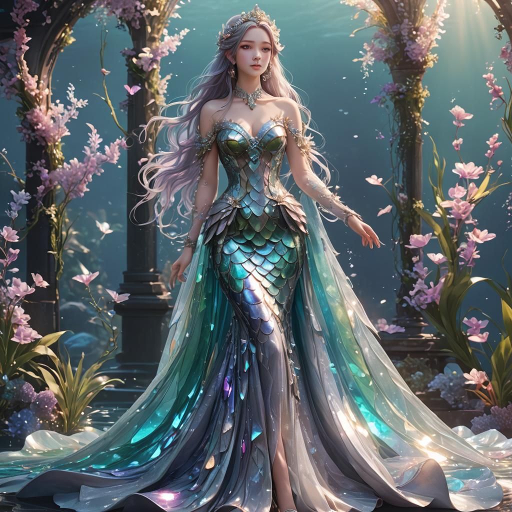 Iridescent Mermaid Fantasy Gown in 3D Anime Art