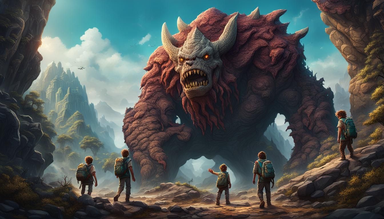Adventurers Face Hideous Rock Monster in Detailed Painting