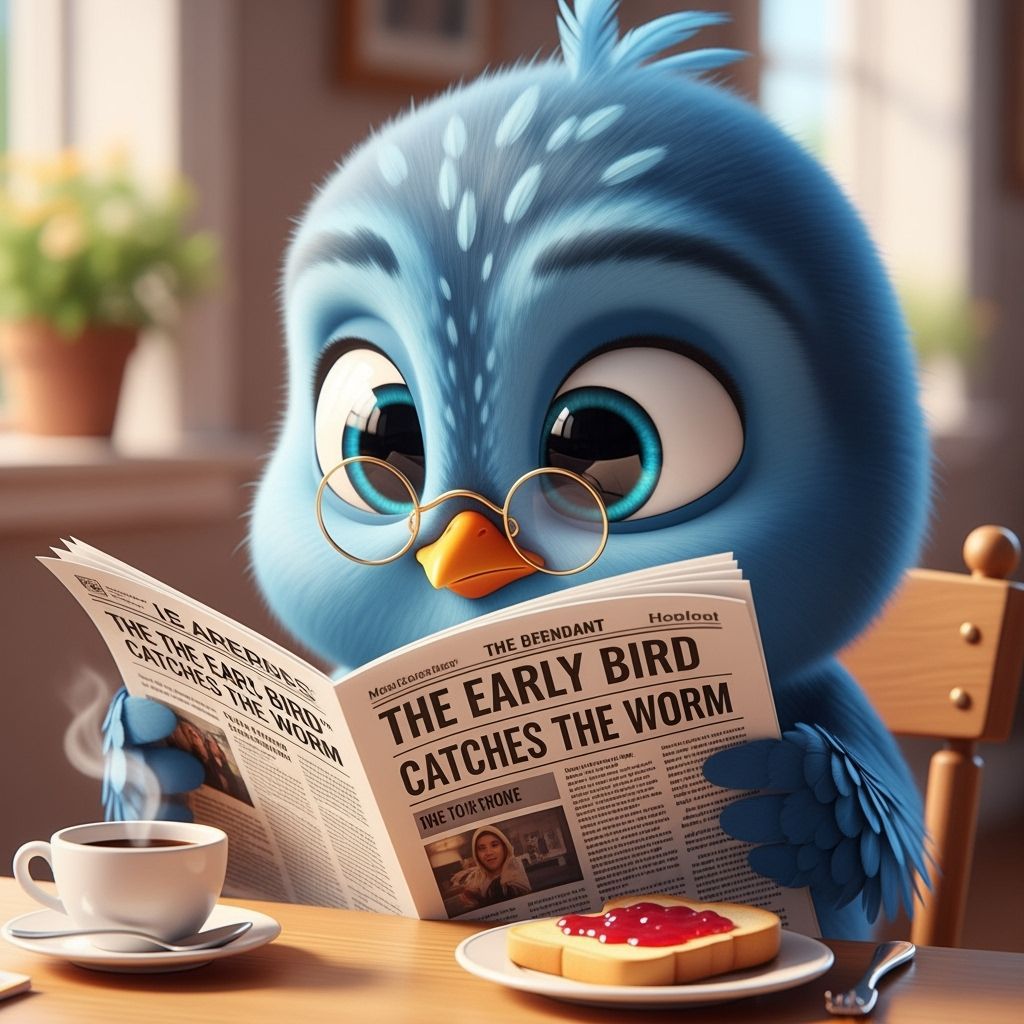 Chibi Bird Reads News in Pixar Style