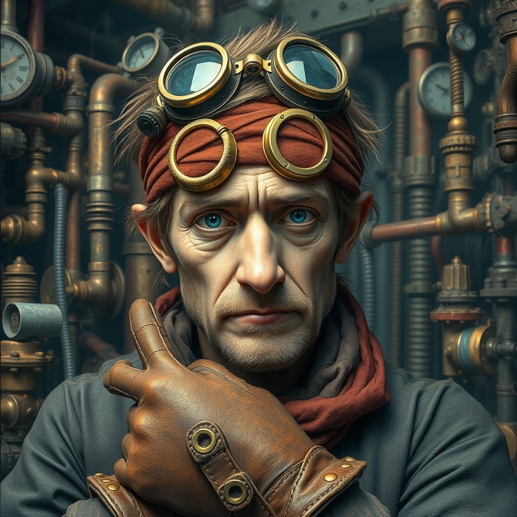 Steampunk Inventor in Chaotic Workshop: Hyperrealistic Portr...