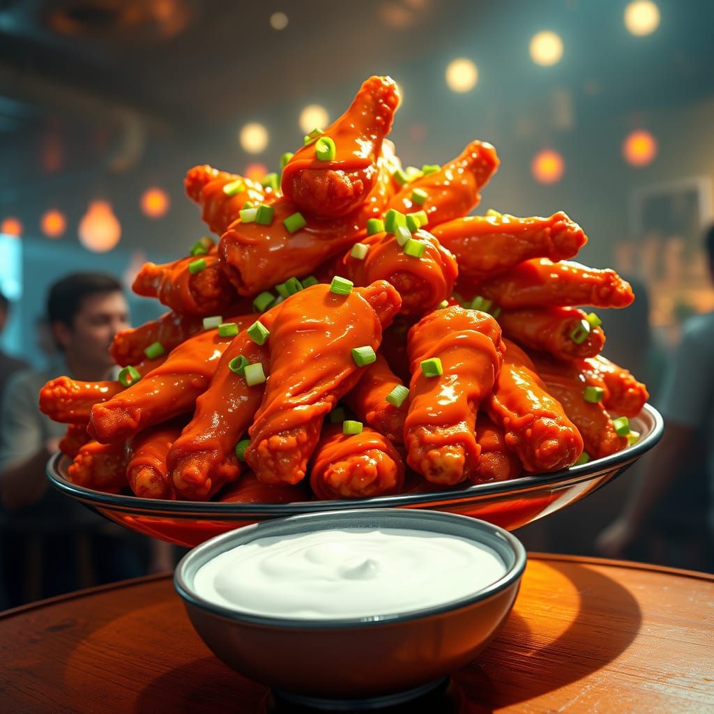 Succulent Hot Wings Feast in Vibrant Hyper-Realism