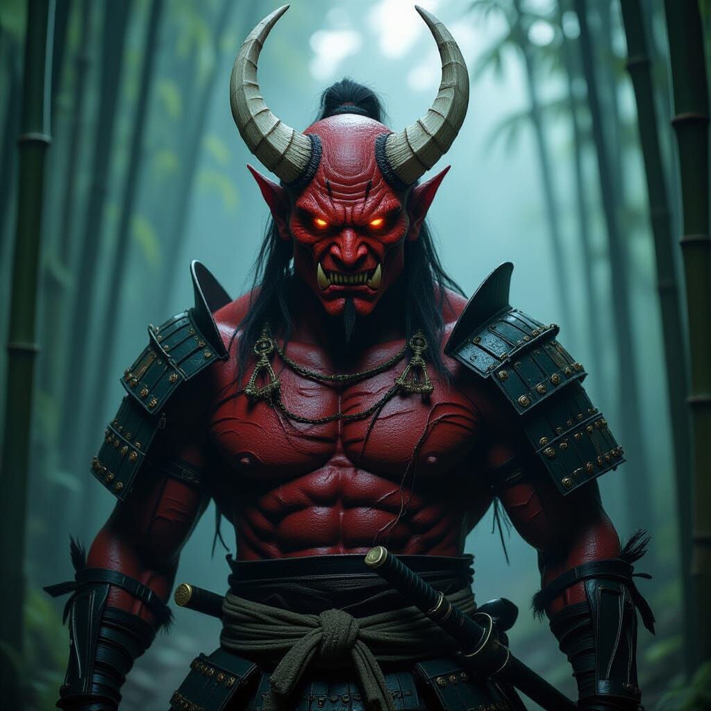 Hyperrealistic Oni Demon in Bamboo Forest