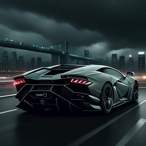 Futuristic Lamborghini Bus Hybrid: Stormy Cityscape at Dusk