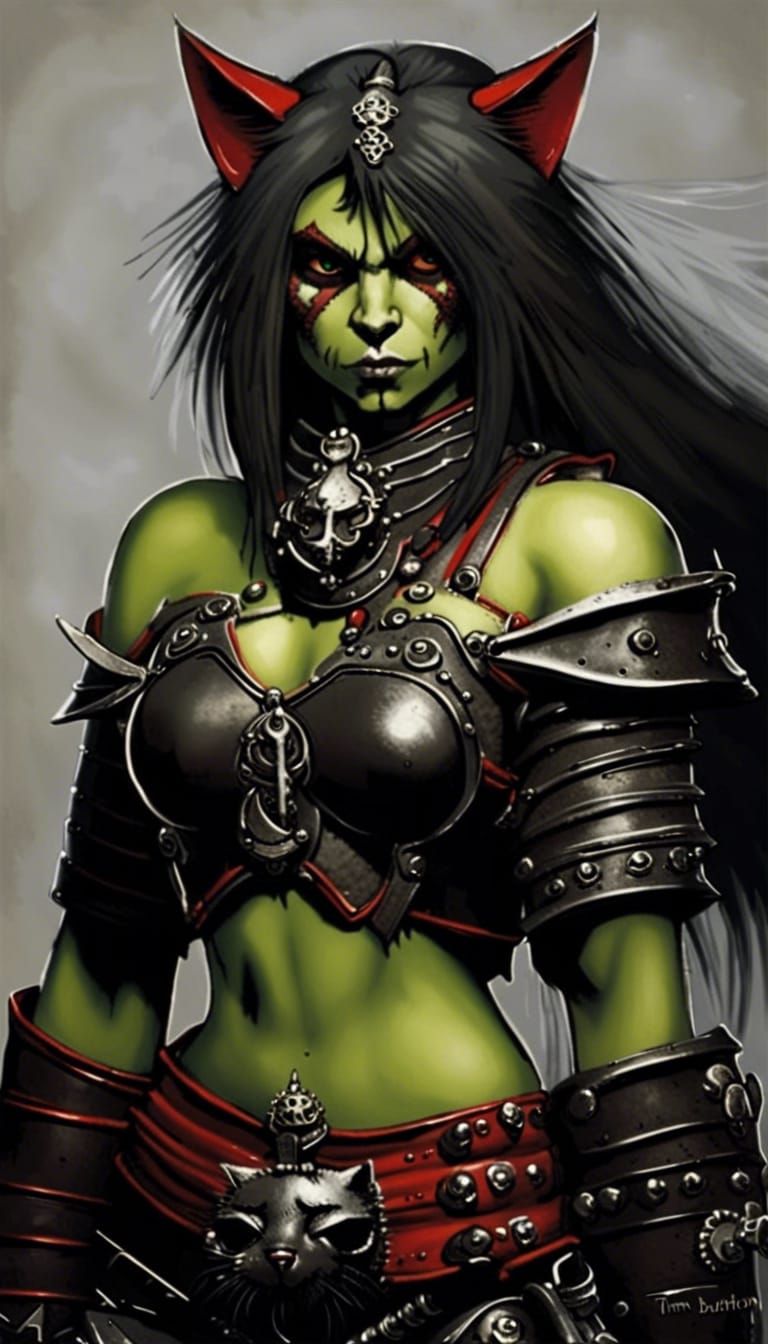 Half-Orc Cat Adepta Sororitas in Tim Burton Style