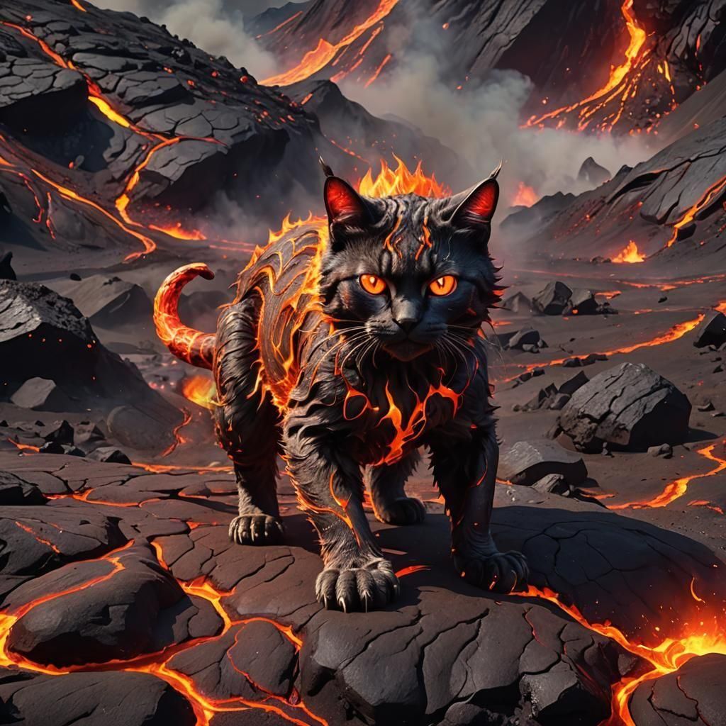 lava-like humanoid furry cat crawling across a volcanic surf...