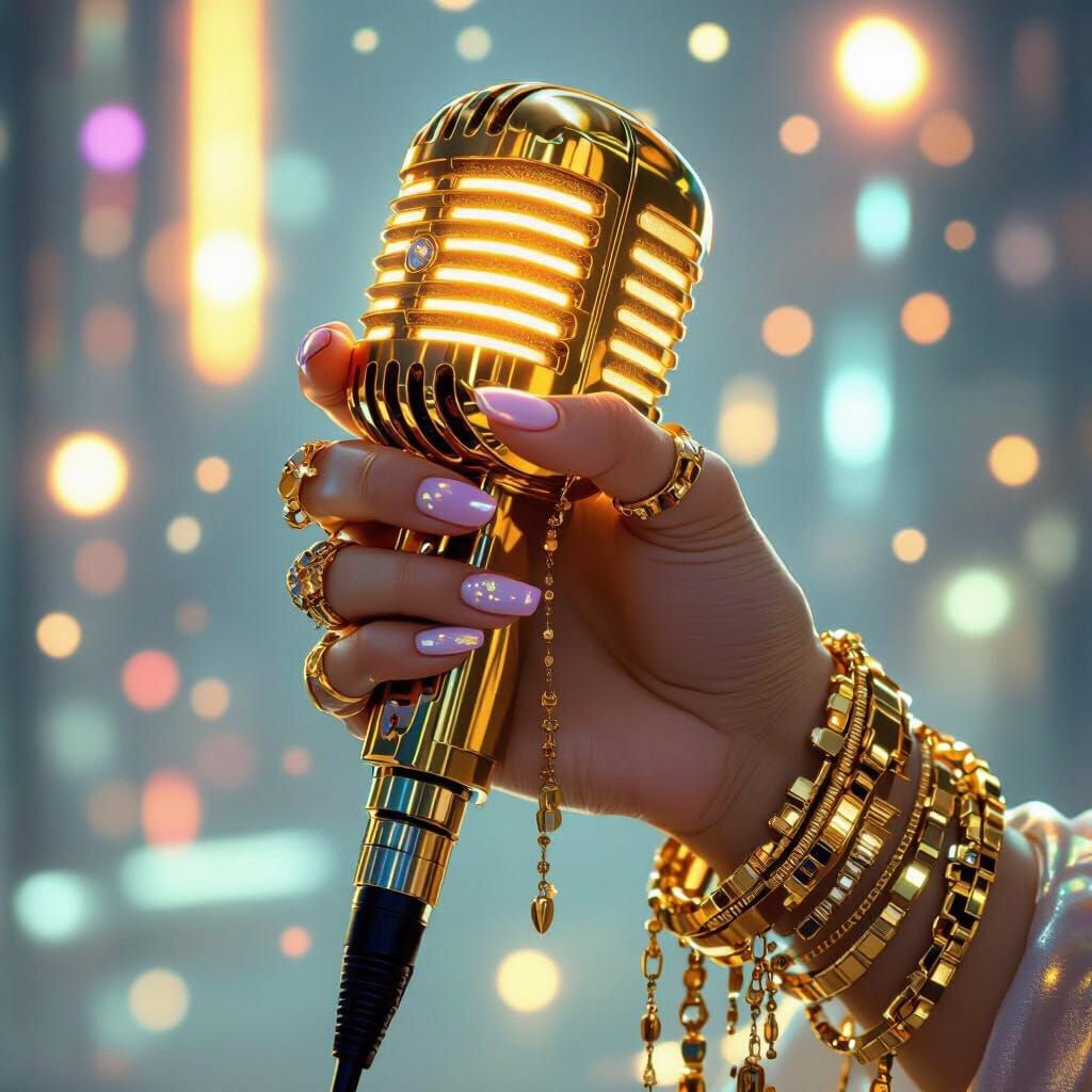 Hand Holding Glowing Microphone in Futuristic Style
