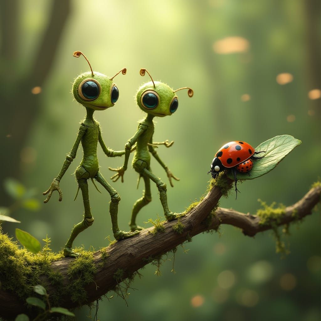 Whimsical Alien Twig People in a Garden Scene