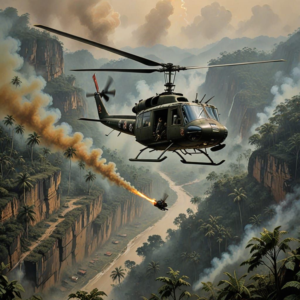 Huey Bell Helicopter in Action over Vietnam Jungle