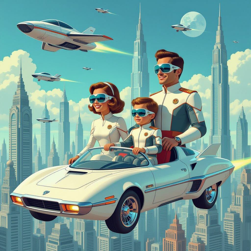Retro-Futuristic Family in Cartoon Style