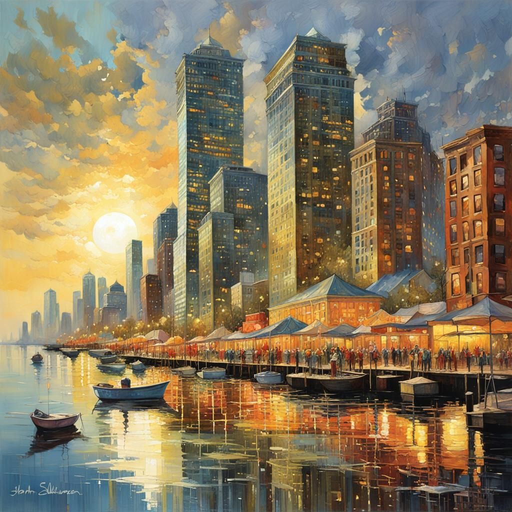 Colorful Waterfront Skyline Reflecting on Summer Sea