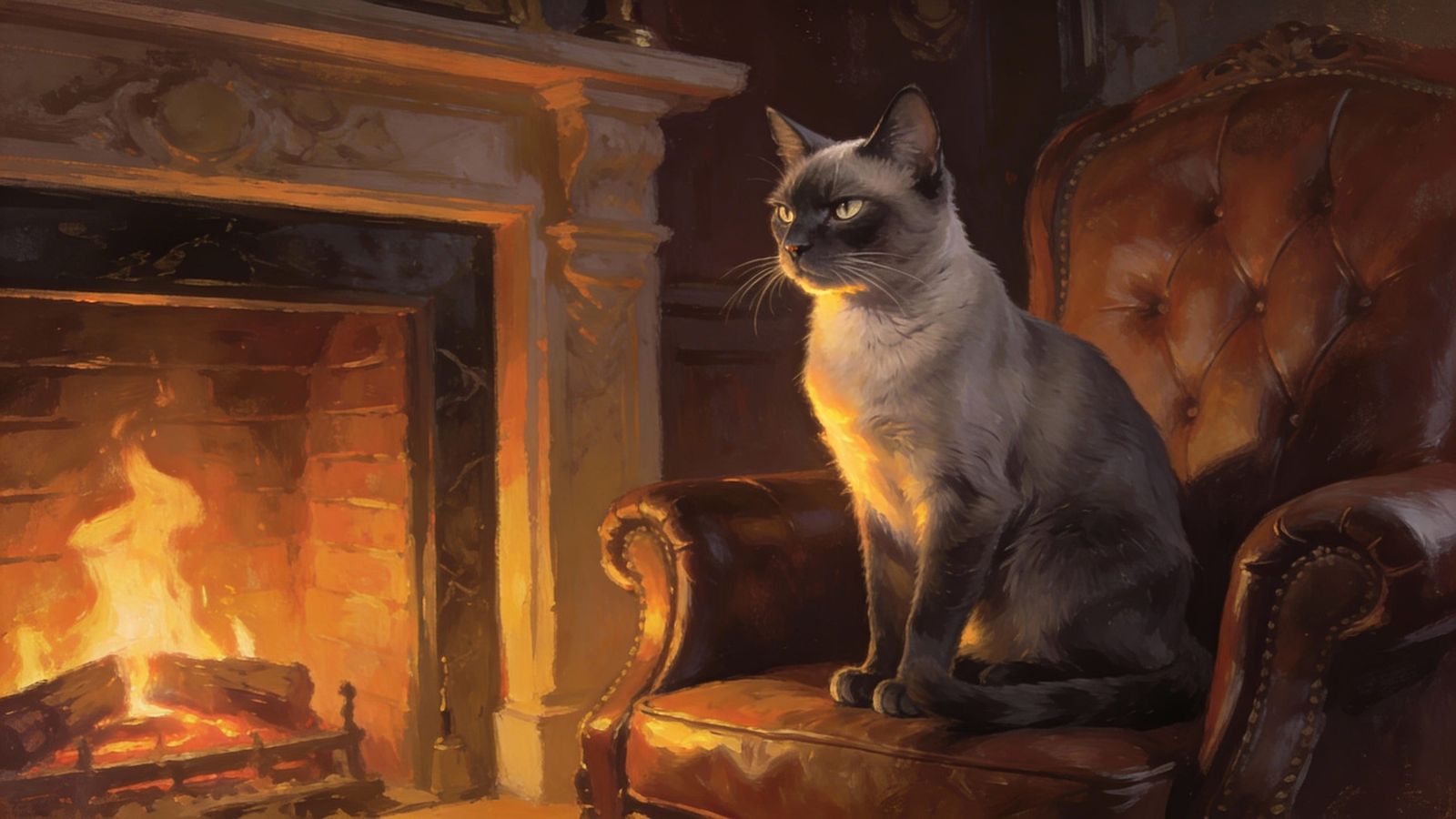 Majestic Siamese Cat by Fireplace, Matte Painting Style