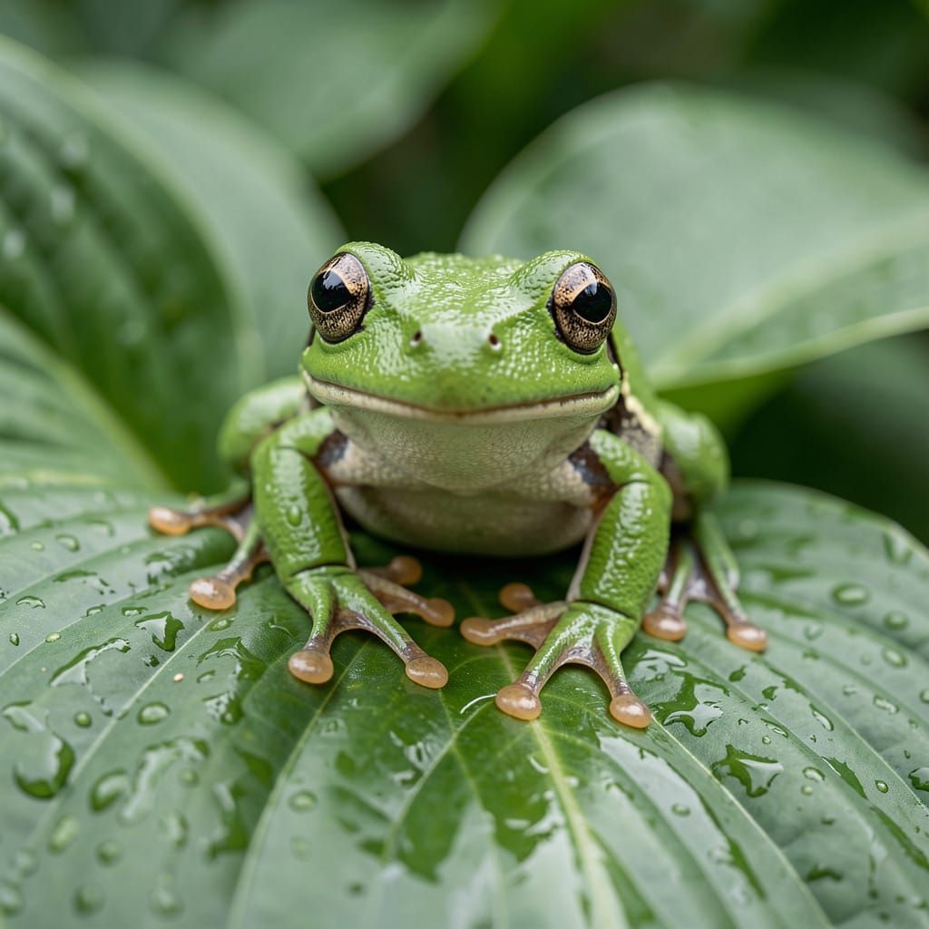 Vibrant Tree Frog on Hosta Leaf in Hyperrealistic Style