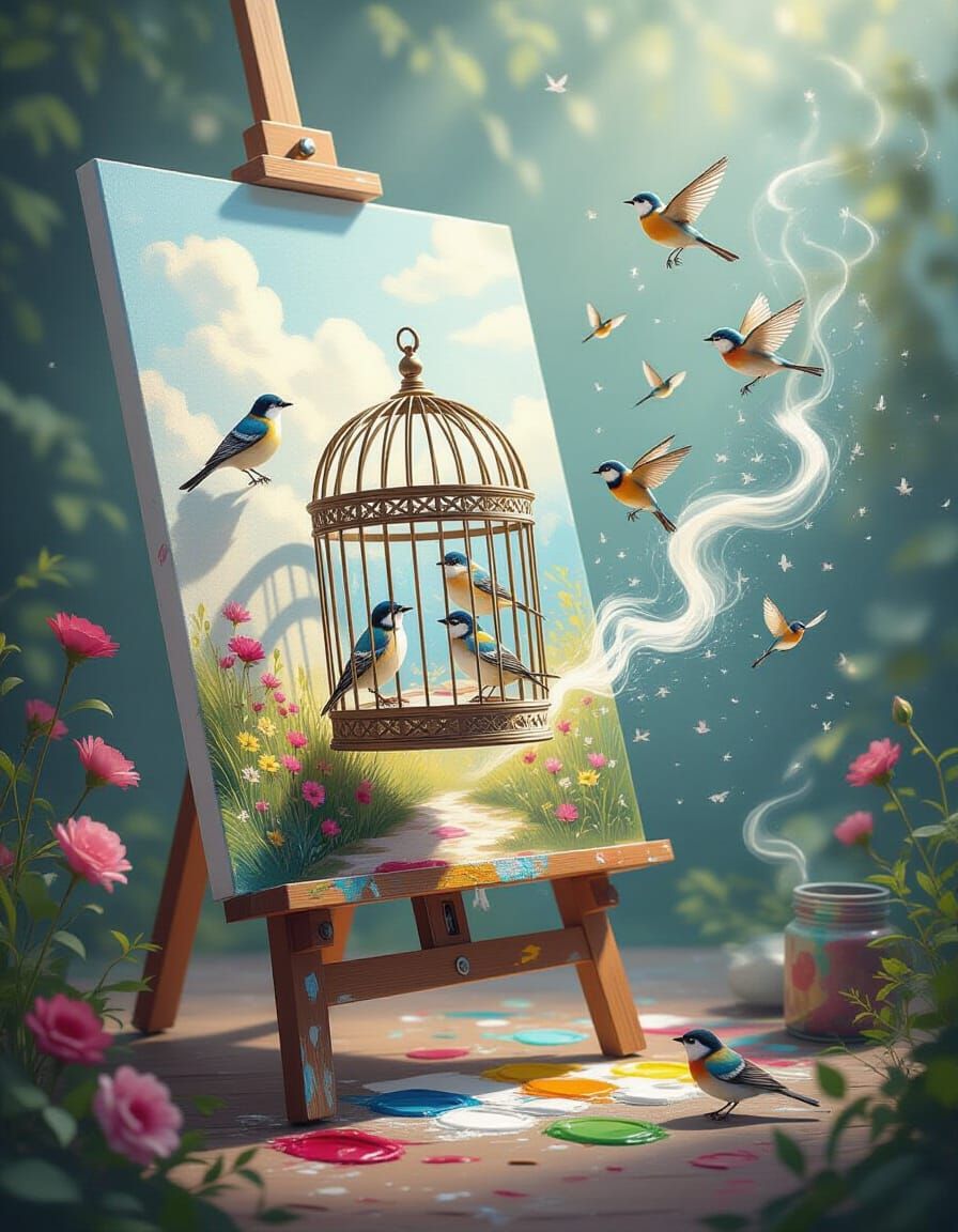Surreal Art Escapes Painting: Songbirds Transform Paint into...