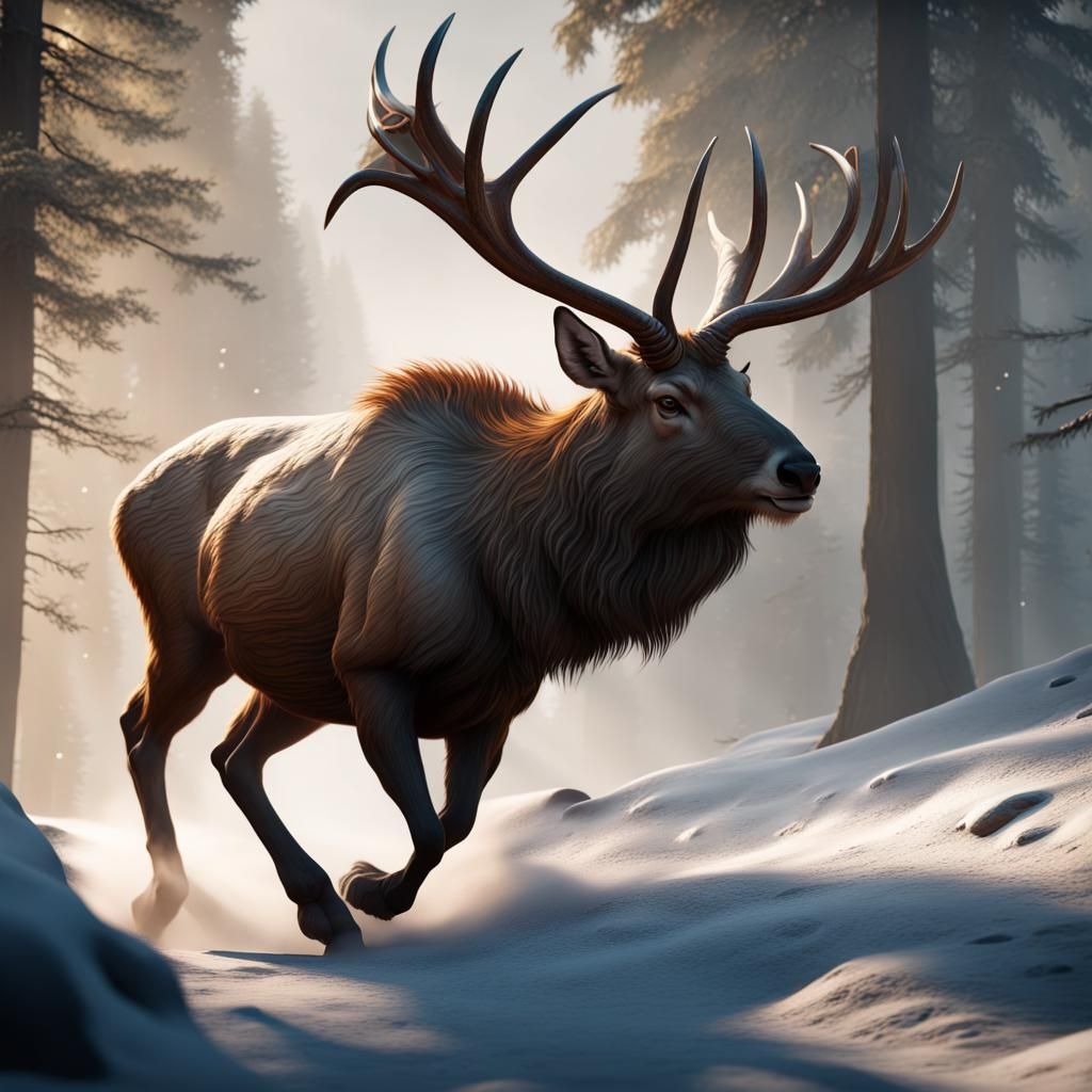 Wapiti Running: Detailed Fantasy Matte Painting
