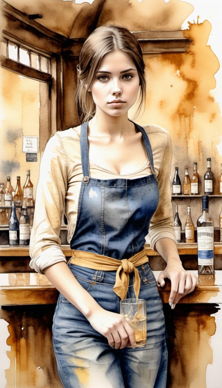 Fantasy Watercolor: Woman in Jeans at Smoky Bar